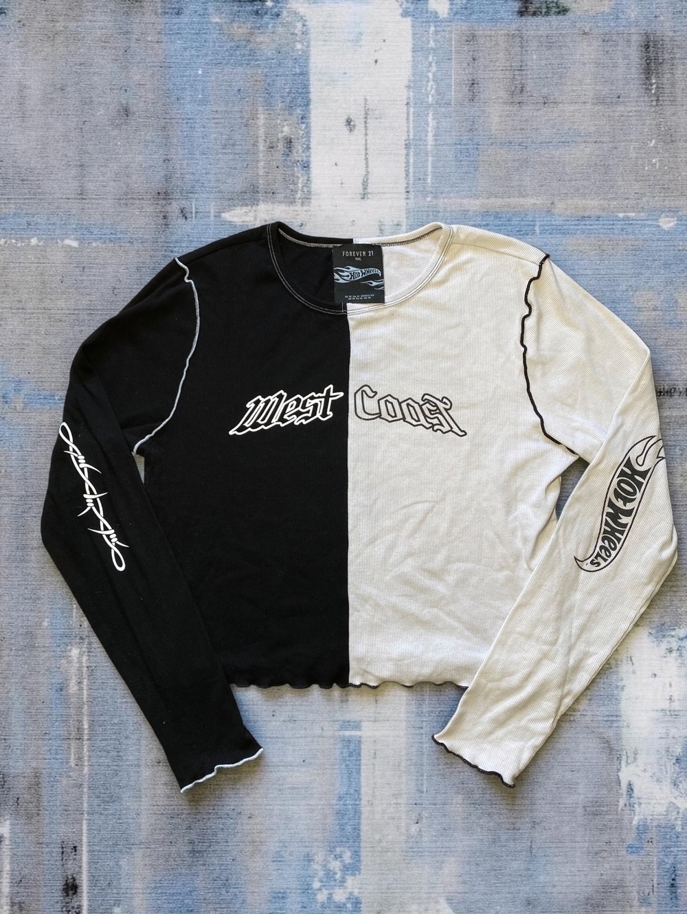 Forever21 Women Top 1X Split Colorblock Ribbed Black White Cotton Hot Wheels Y2K